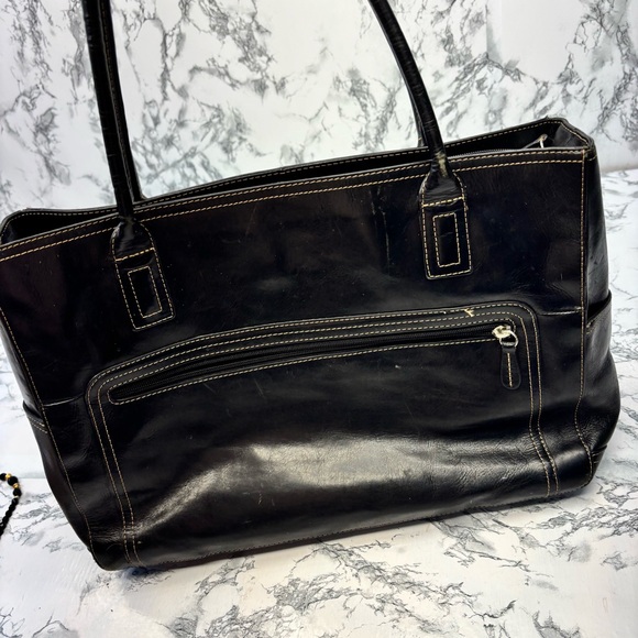 Fossil Black Leather Tote Computer Laptop Briefcase Bag with Top Handles Zipper - Picture 2 of 15